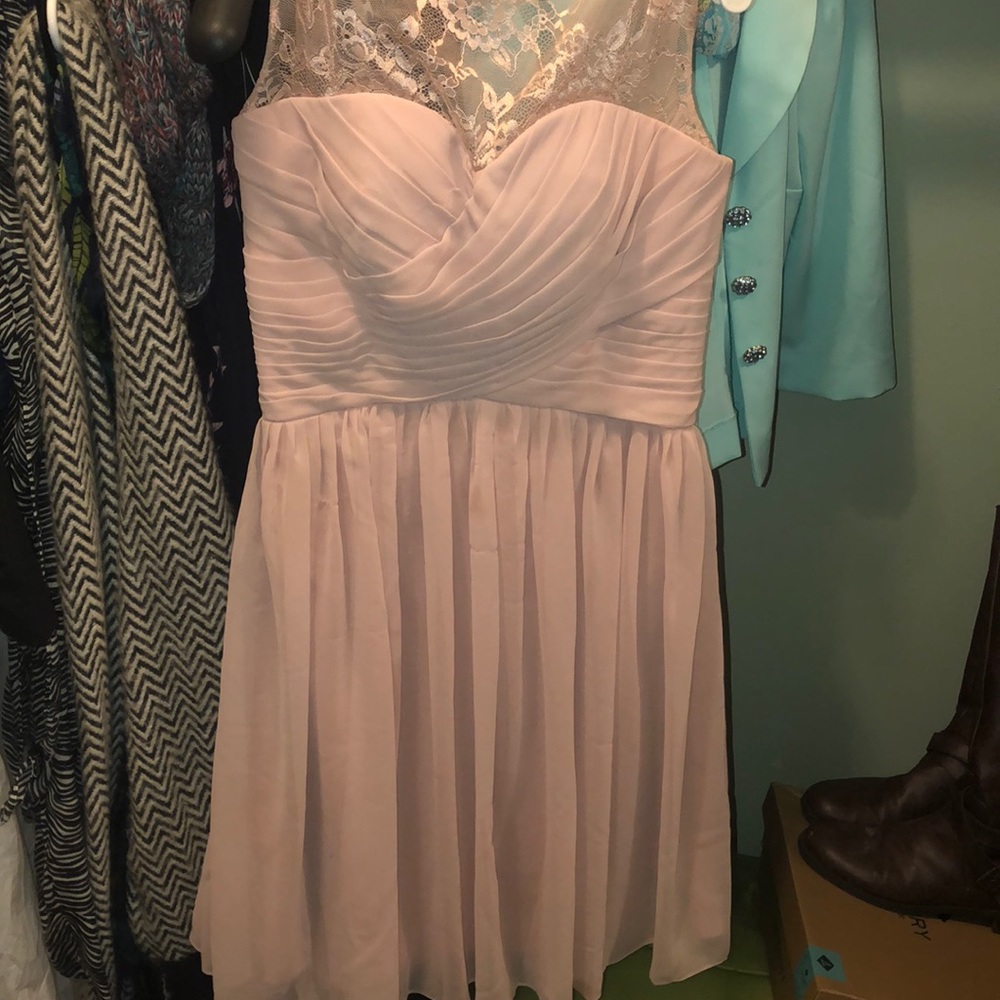 Blush pink knee length bridesmaid dress